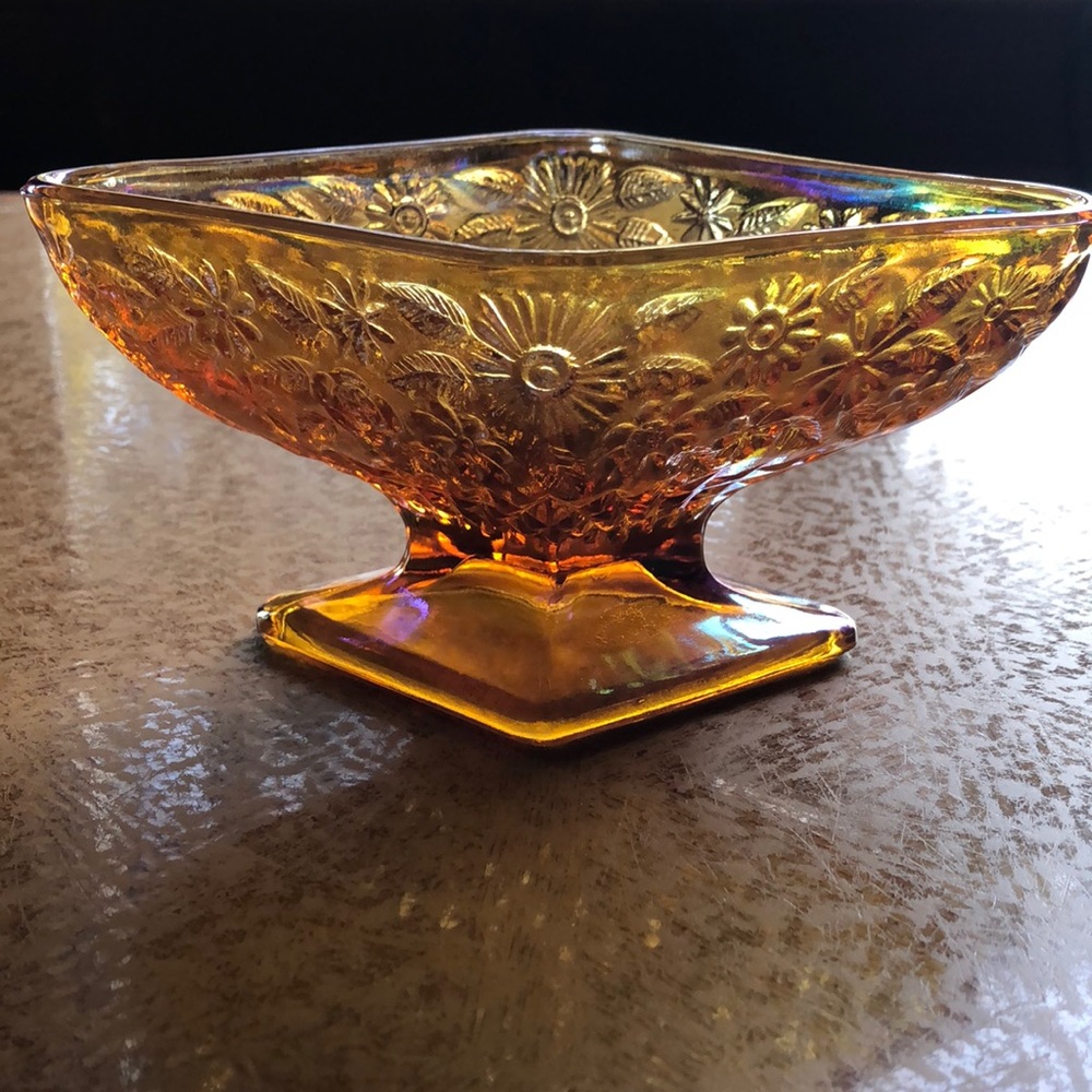 Vintage Indiana Glass - Pineapple and Floral Amber - Diamond Shape Compote